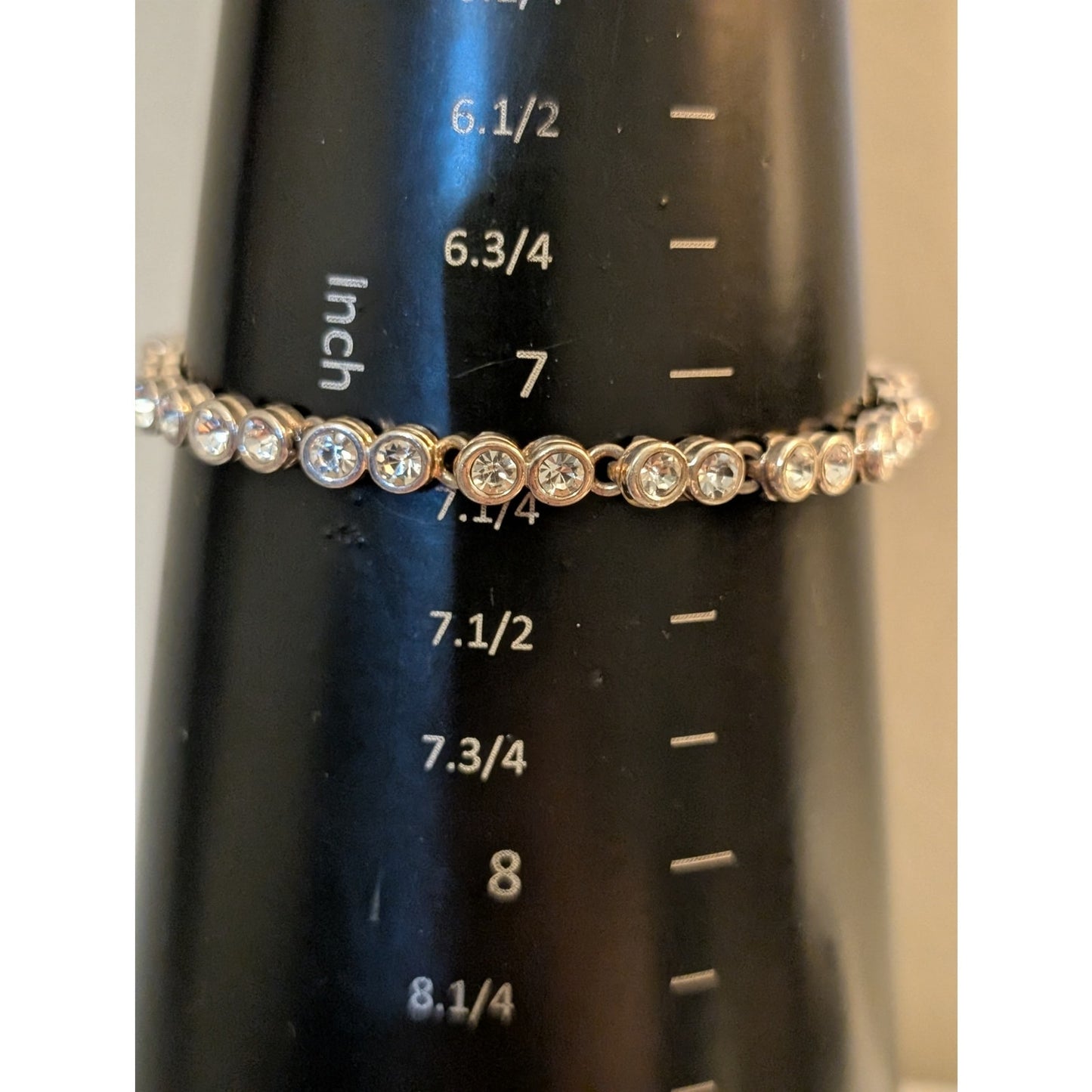 Vintage Bezel Set Silver Tone CZ Tennis Bracelet W/ Fold Over Clasp