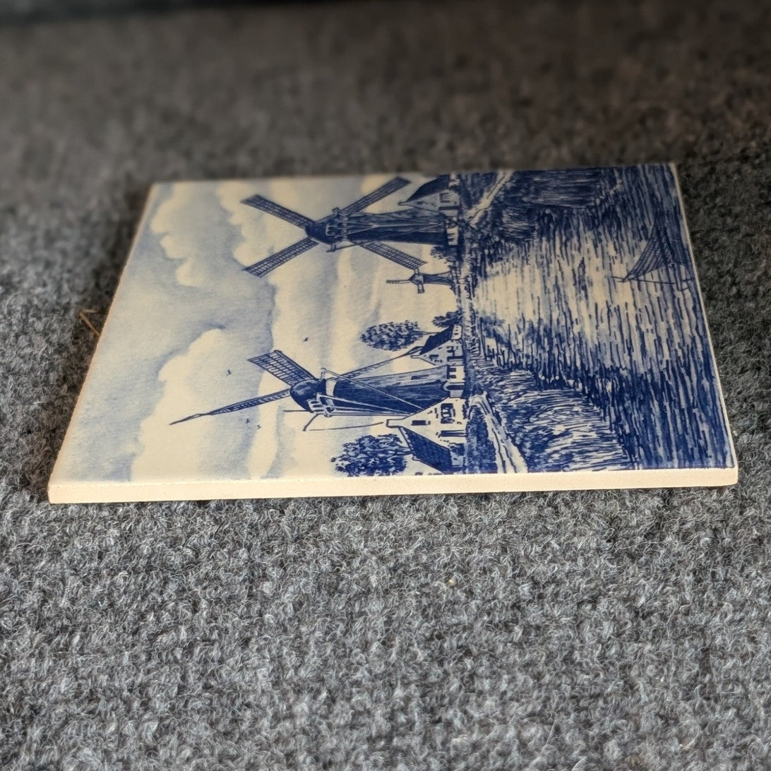 Vtg 6" Delft Blue Tile Trivet Dutch Windmills and Canal Stamped Roman Numeral II
