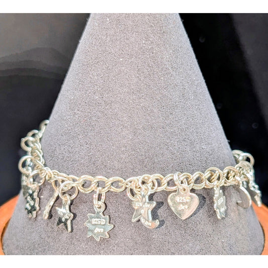 Vintage 925 Italy Sterling Silver Star Crescent Moon Flower Heart Charm Bracelet