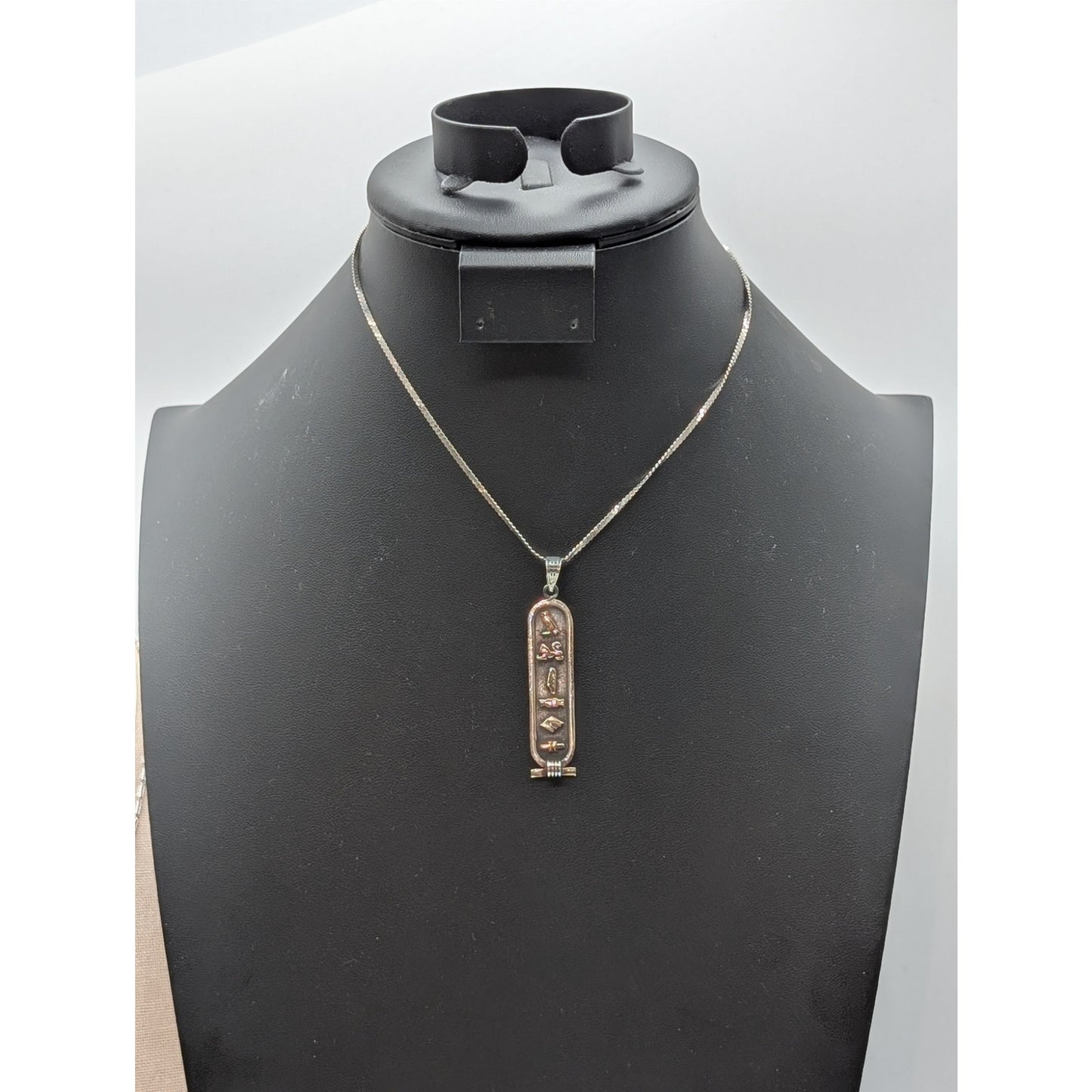 VTG 925 Sterling Silver Egyptian Hieroglyphics Cartouche Pendant 15" Necklace