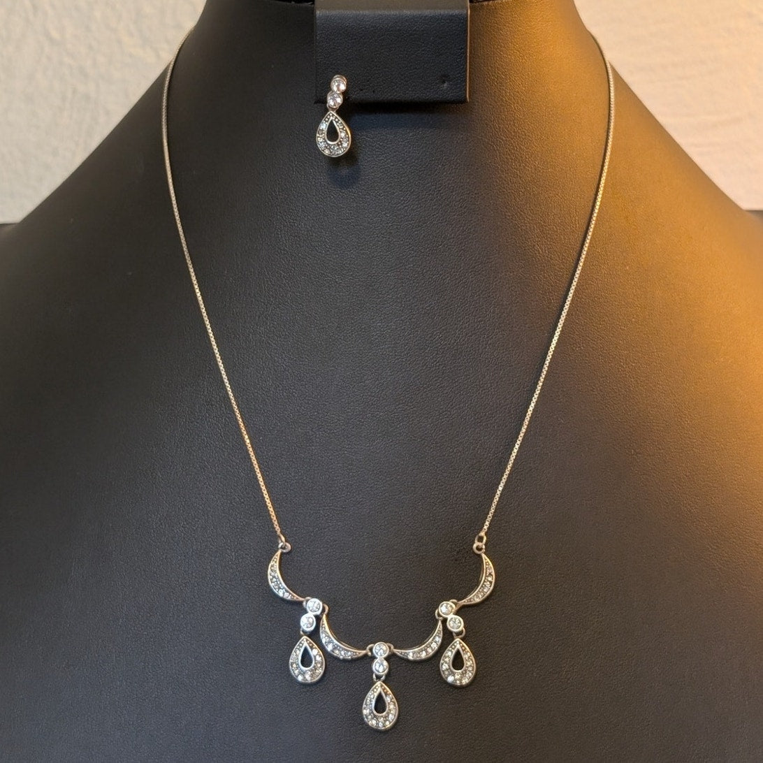 Vtg 925 Sterling Art Nouveau Necklace W/ Crystal Stones & One Matching Earring