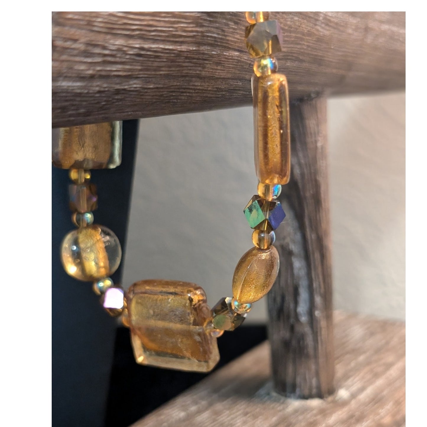 Gold Foil Art Glass Beaded Toggle Clasp Necklace & Gold Foil Art Glass Bracelet