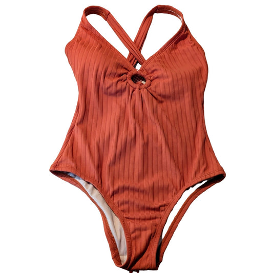 NWT Kona Sol Medium Coverage One Piece Rust Color Ribbed Bathing Suit Sz S