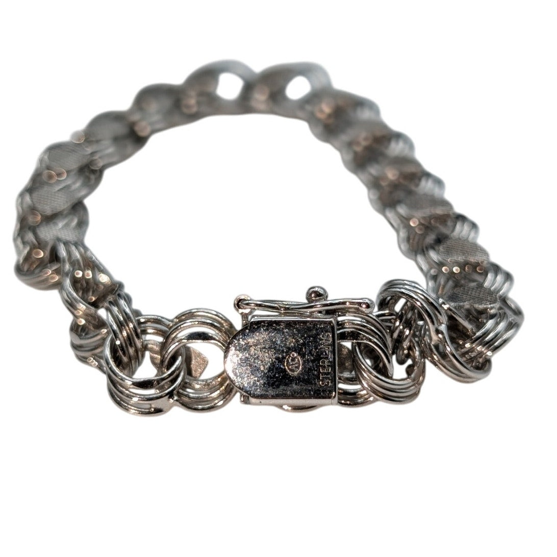 Vintage Mid Century Sterling Silver Double Link Textured Heart Charm Bracelet
