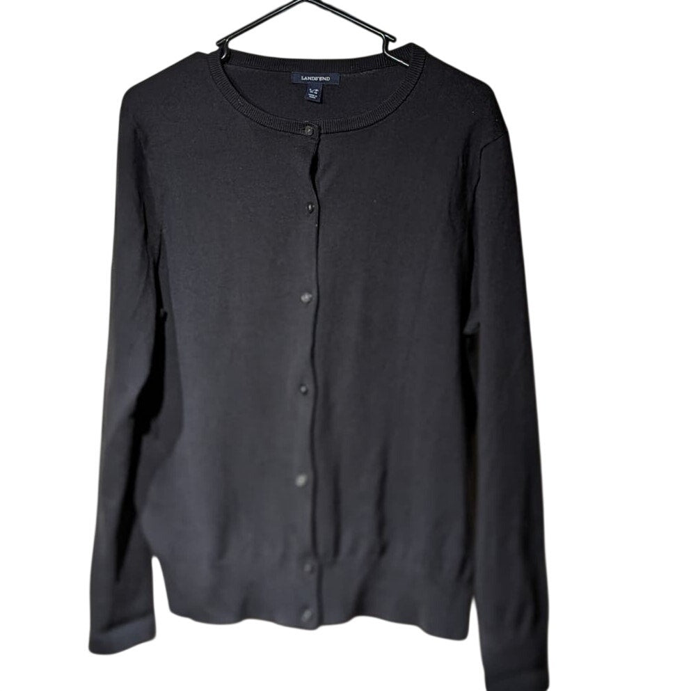 Lands' End Black Closet Staple Button Up Cotton Blend Cardigan Womens Sz L/P