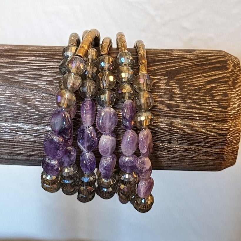 Amethyst Stone Smokey Purple Crystal Wire Boho Coil Bracelet