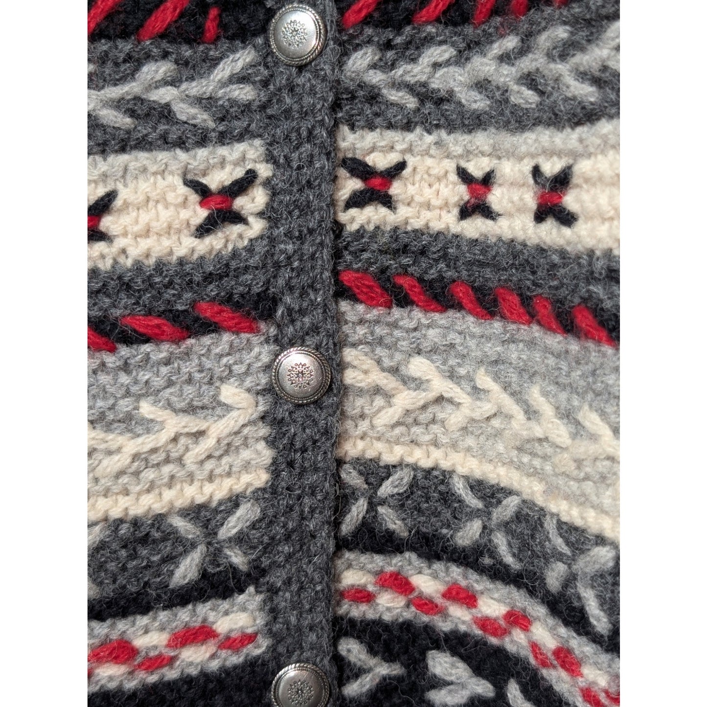 Talbot's Hand Knit 100% Wool Gray Cream Red Black Button Cardigan Sweater Sz MP