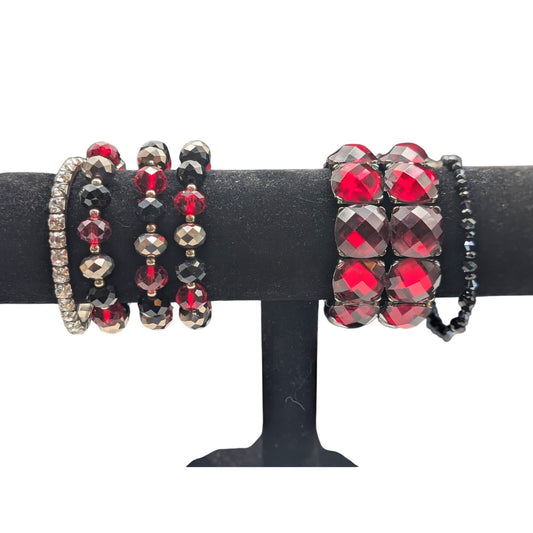 Lot of Six Red Black Metallic Rhinestone Beaded Stretch Bracelets