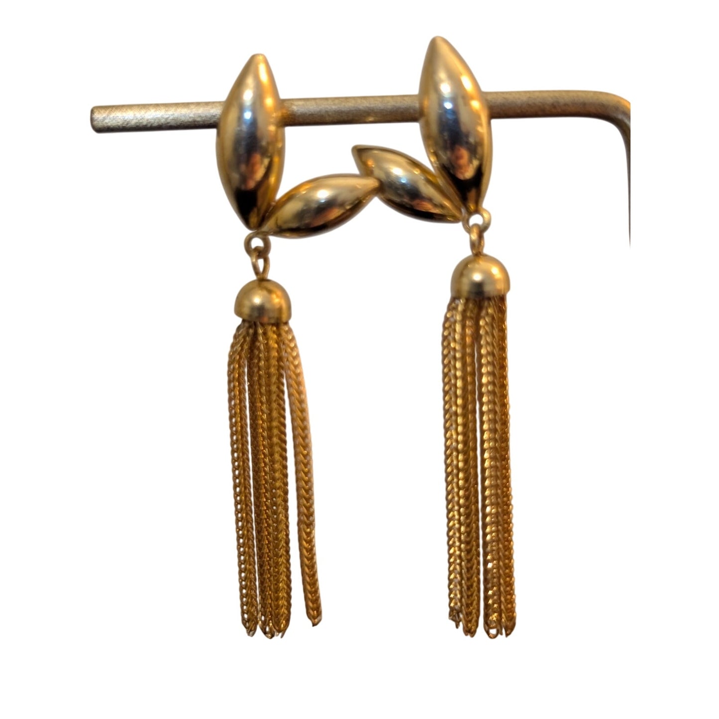 Vintage Gold Tone Leaf Multi-Chain Tassel Dangle Pierced Earrings