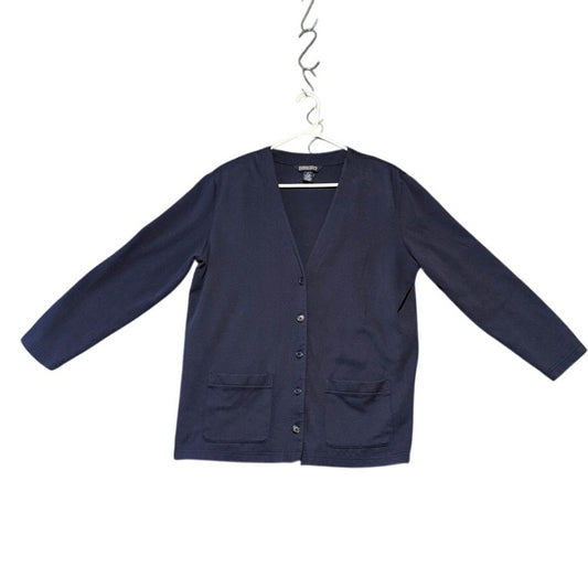 Vtg Lands'End Navy Button V-Neck Cotton Cardigan Sweater Womens' L (14-16)