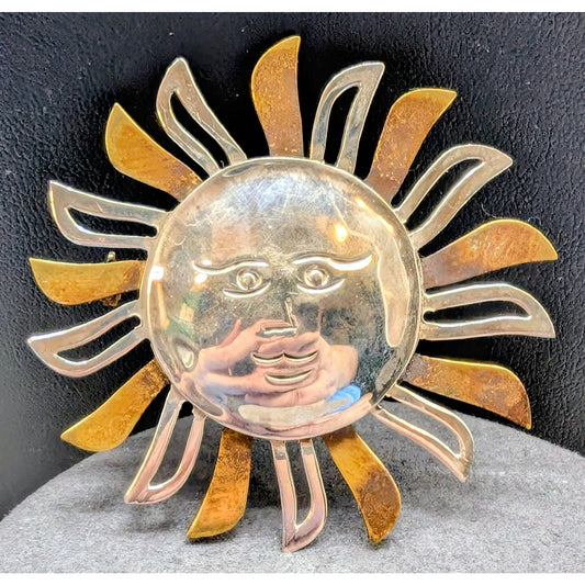 Vintage Mexico 925 Sterling Silver Two Tone Sun Face Brooch
