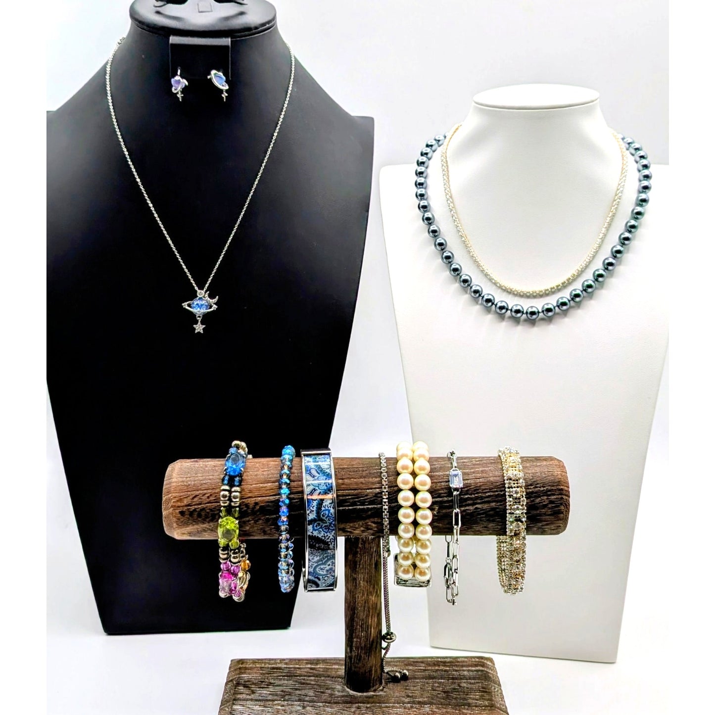 Lot of Eleven Blue & Silver Tone Jewelry Pieces Necklaces, Bracelets & Earrings