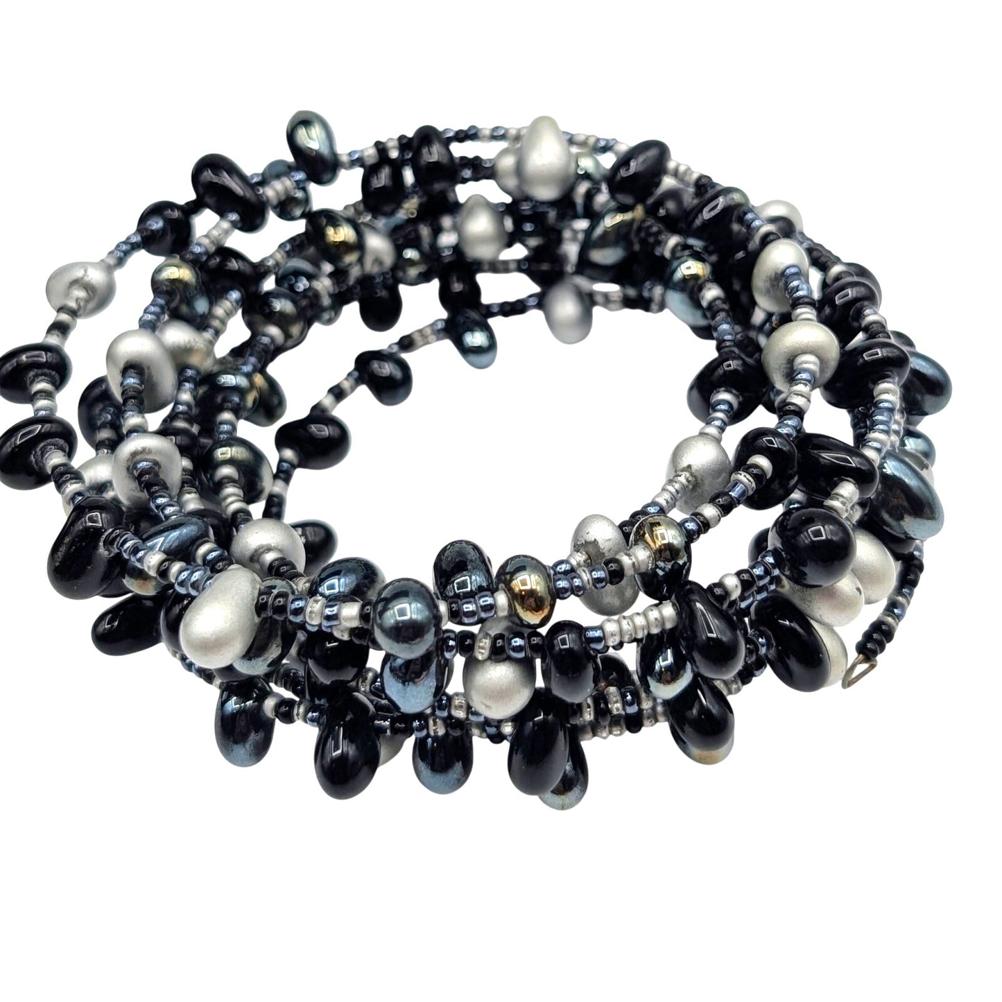 Lot of Two Black Gray Faux Pearl Crystal Wire Wrap & Stretch Bracelets