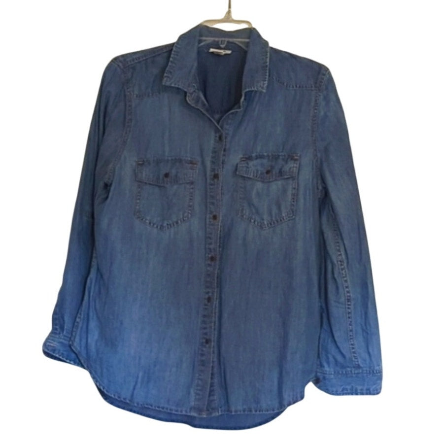 a.n.a Blue Chambray Button Up Women's Petite Size M with Button Roll Sleeves