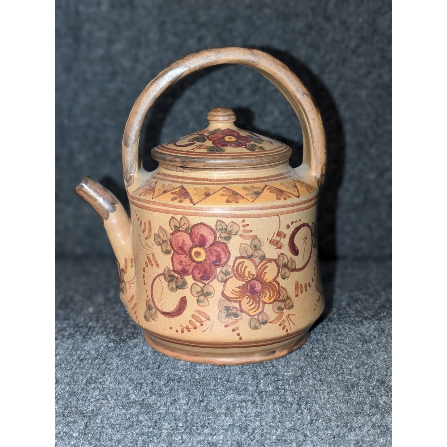 VTG Portugal Algarve Folk Art Mediterranean Pottery Signed Floral Lidded Teapot