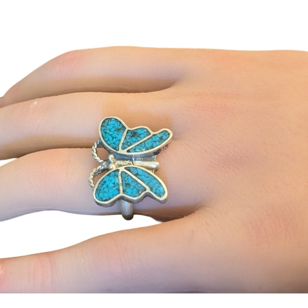 Vintage Crushed Turquoise Butterfly Design Sterling Silver 925 Ring Size 6