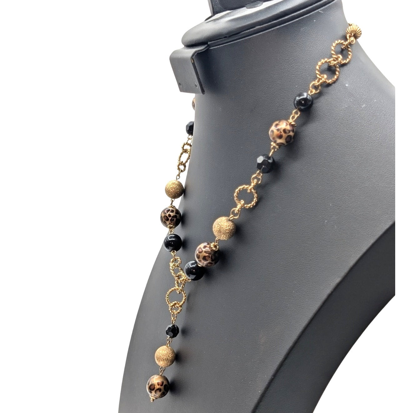 Gold Tone Animal Print Black Gold Textured Bead Y-Drop 16.5"-19.5" Necklace