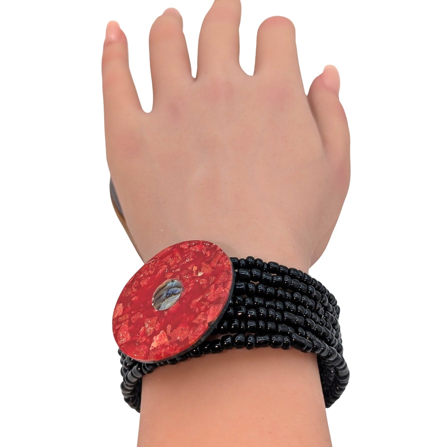 Red Coral Abalone Shell Black Glass Bead Multi-Strand Wire Cuff Bracelet