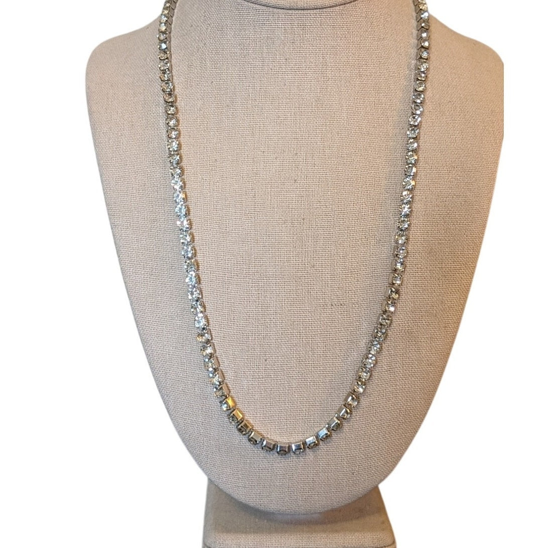 Vintage Long Square Set Closed Back Rhinestone 'Tennis' Fold Over Clasp Necklace