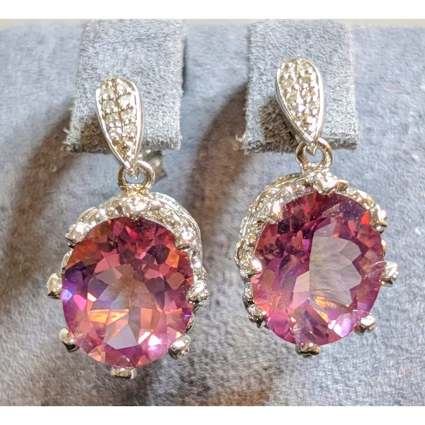 23mm Mystic Topaz Diamond Sterling Silver Crown Set Dangle Earrings 7.14g