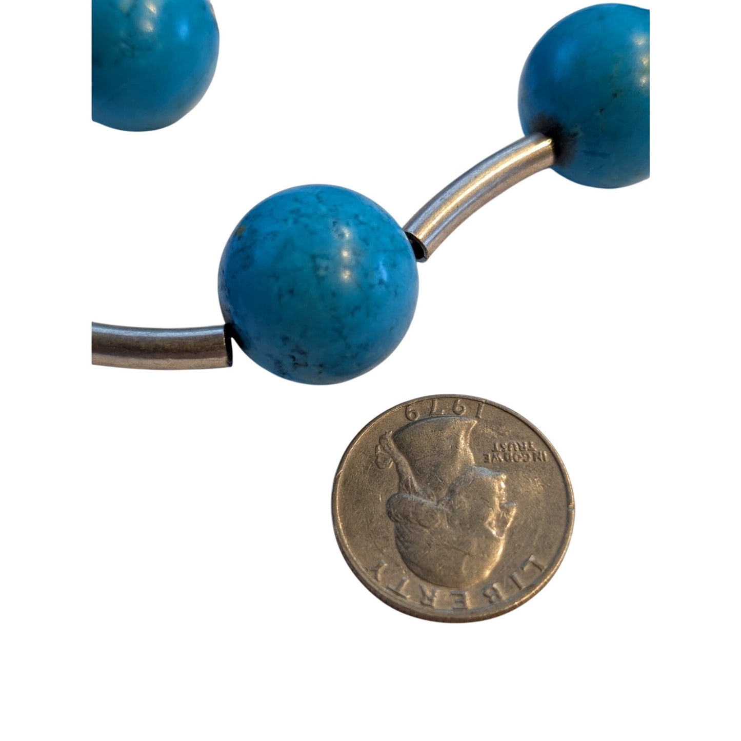 Heavy Blue Stone Bead Curved Silver Tone Rod Bead 17" Necklace