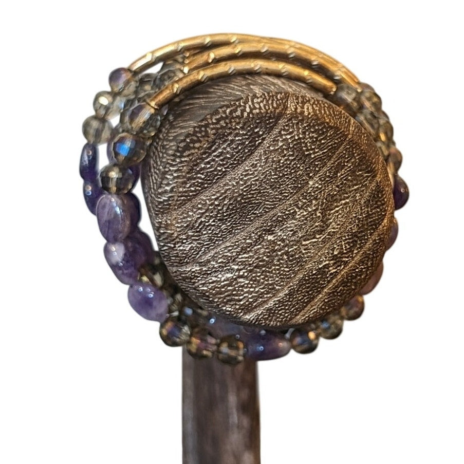Amethyst Stone Smokey Purple Crystal Wire Boho Coil Bracelet