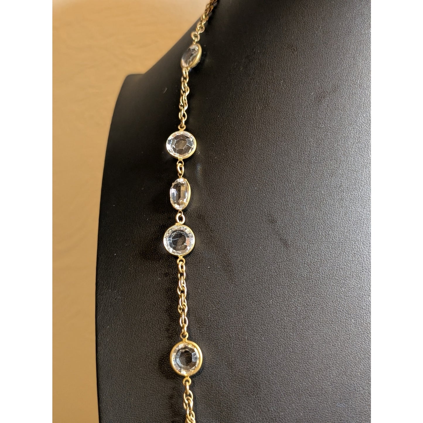 Vintage Signed Miriam Haskell Crystal Gold Tone Chain Long Necklace