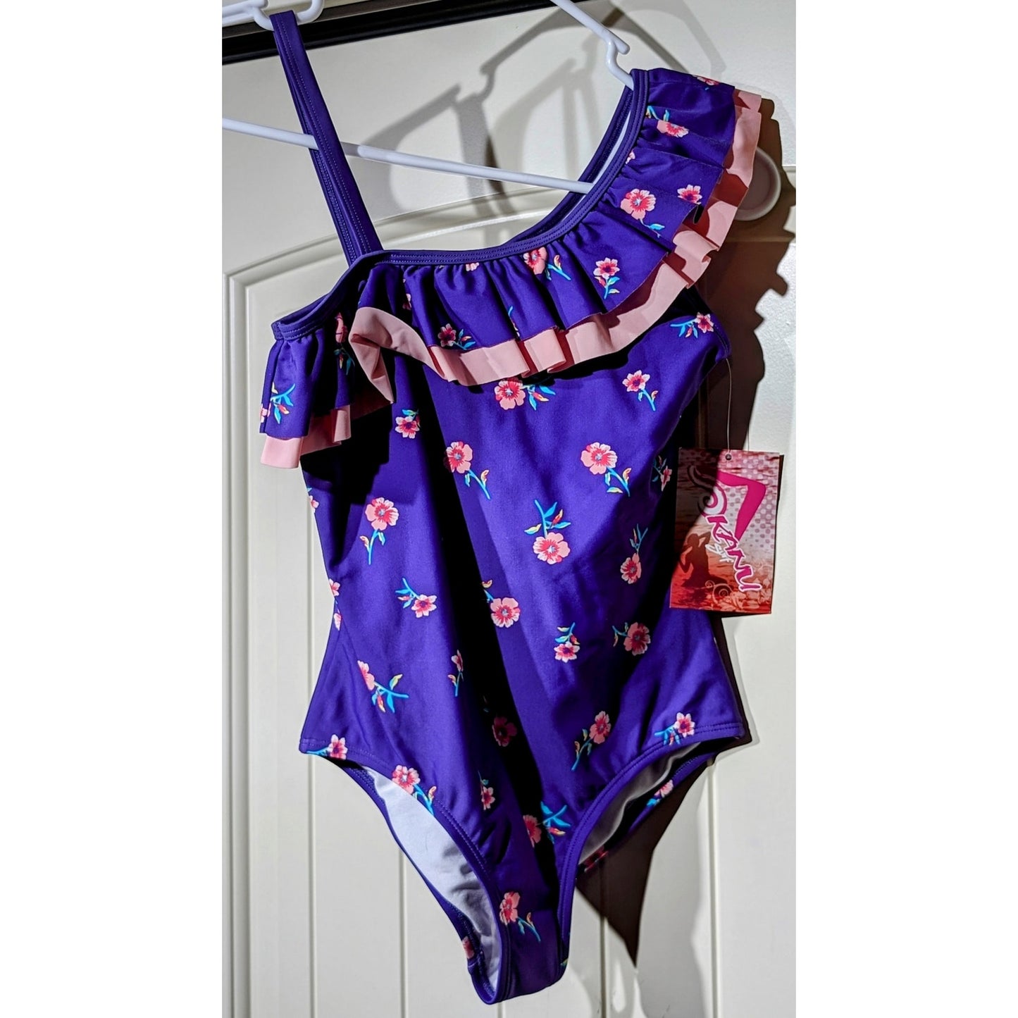 Kanu Surf Girls 'Morgan' Purple/Pink Ruffle Floral One Pc Swimsuit NWT Size 12