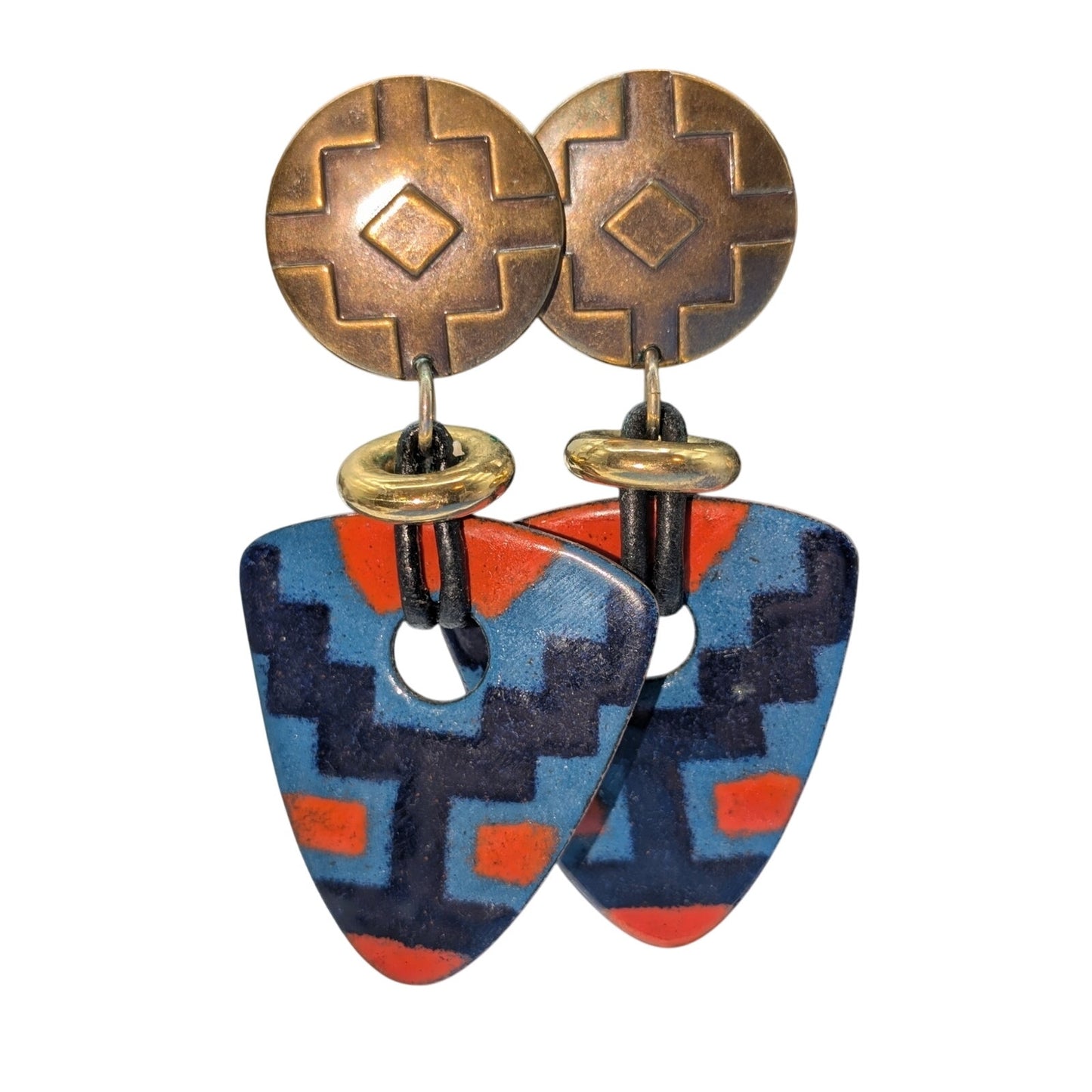 VTG Aztec Southwestern Enamel Bronze & Gold Tone Metal Dangle Pierced Earrings