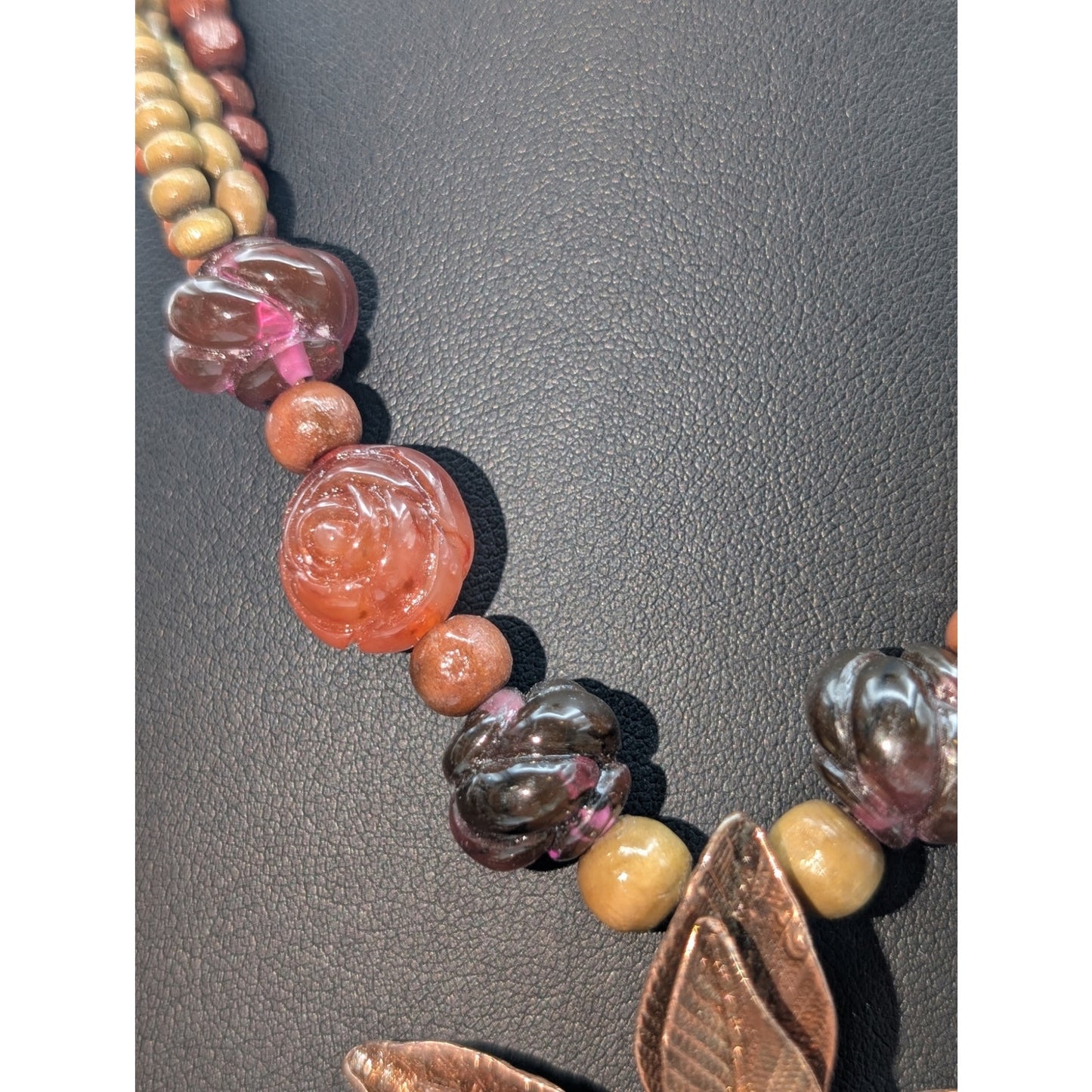 Vtg Cookie Lee Bronze Metal Floral Flower Seed Bead Pendant Statement Necklace