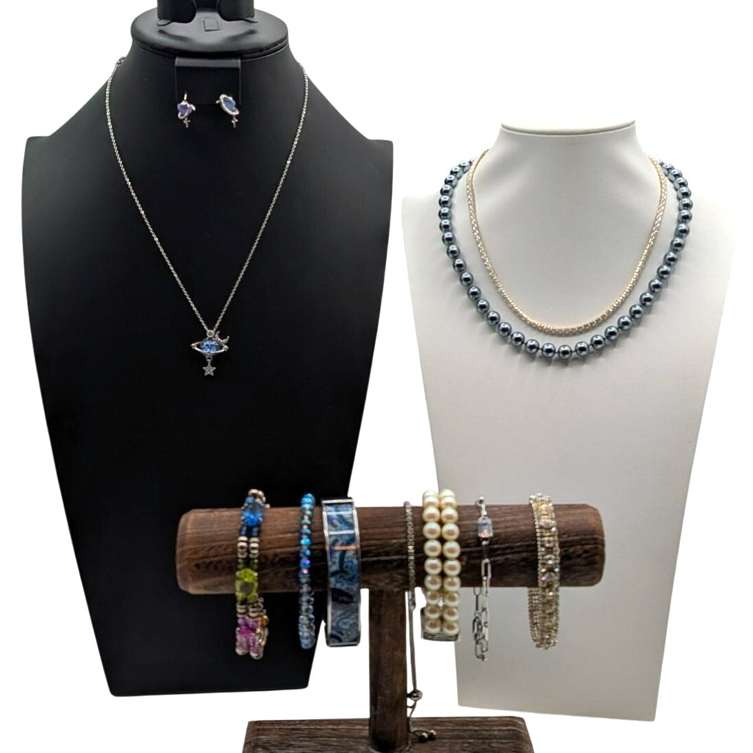 Lot of Eleven Blue & Silver Tone Jewelry Pieces Necklaces, Bracelets & Earrings