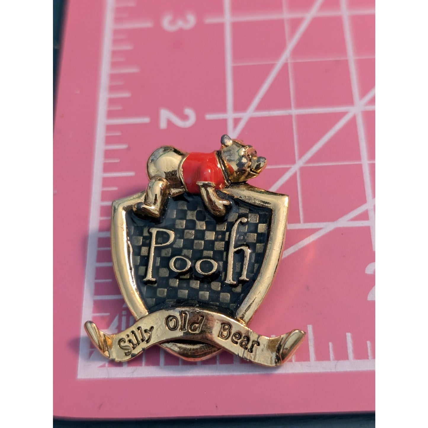 Disney Red Enamel Gold Tone Pooh Bear Silly Old Bear Crest Pin