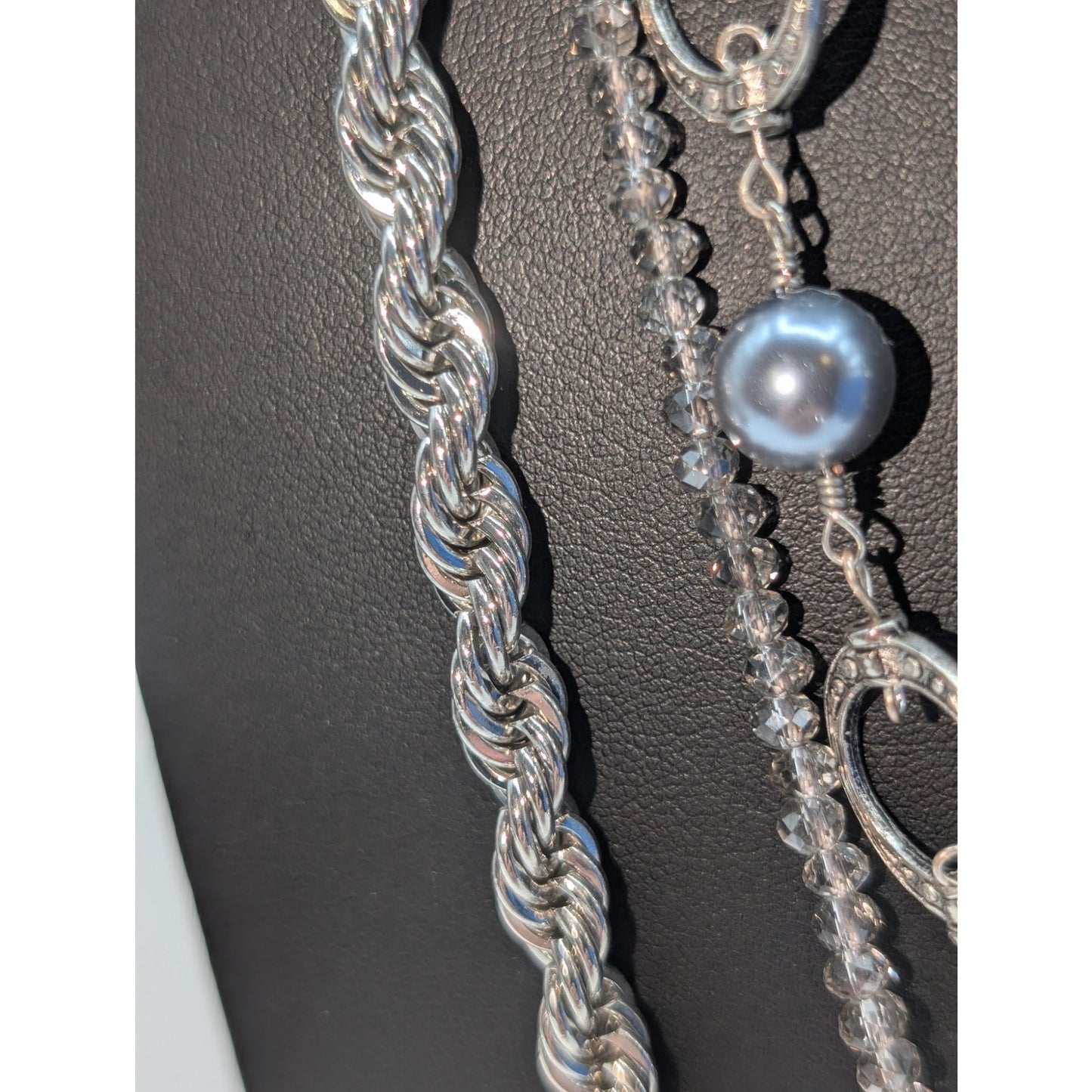 Lot of Four Faux Pearl Chain Crystal Silver Tone Necklaces