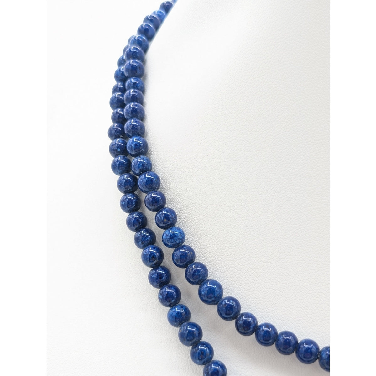 Vintage Double Strand 6mm Lapis Lazuli Beaded Gold Tone Slide In Clasp Necklace