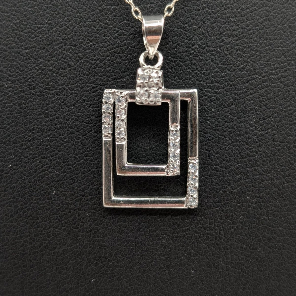 925 Sterling Silver Rectangle Within a Rectangle CZ Pendant 18" Chain Necklace