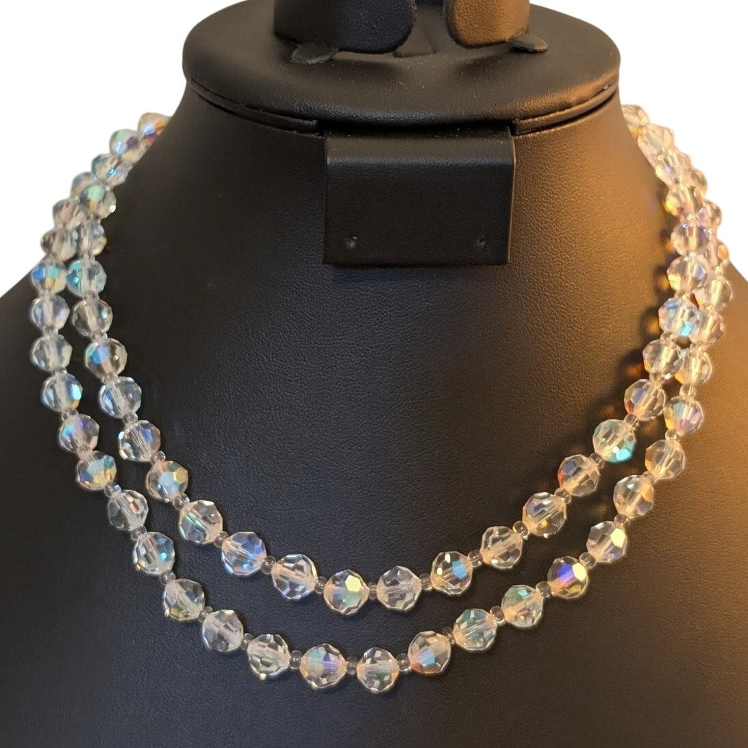 Vintage 1950s Double Strand Faceted Austrian AB Crystal Fancy Clasp Necklace