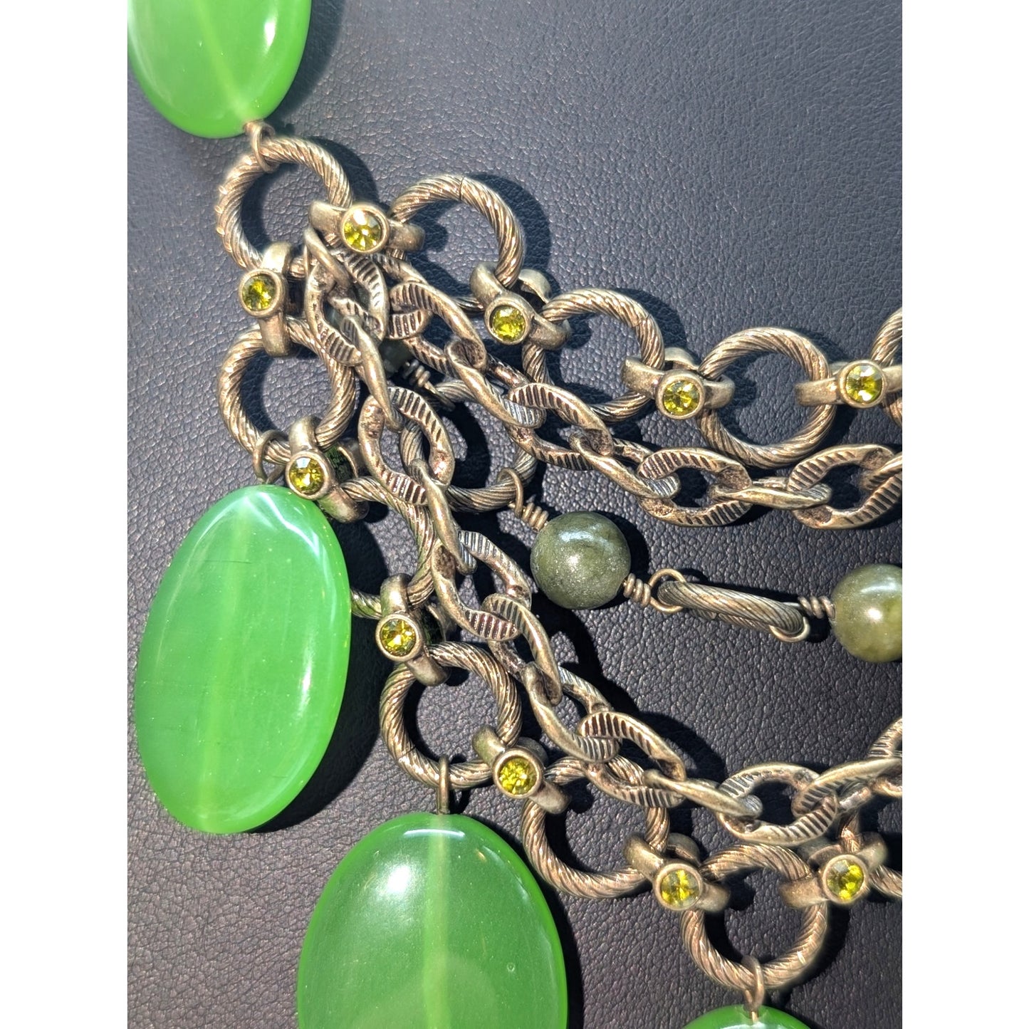 Vintage 80s Marked Kiam Family Glass Brass Rhinestone Stone Necklace