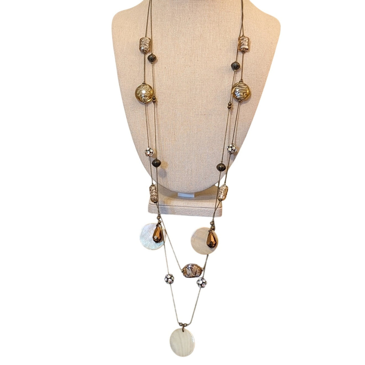 Antique Bronze Chain W/ Shell Glass CZ Ball Crystal Teardrop Beaded 36" Necklace