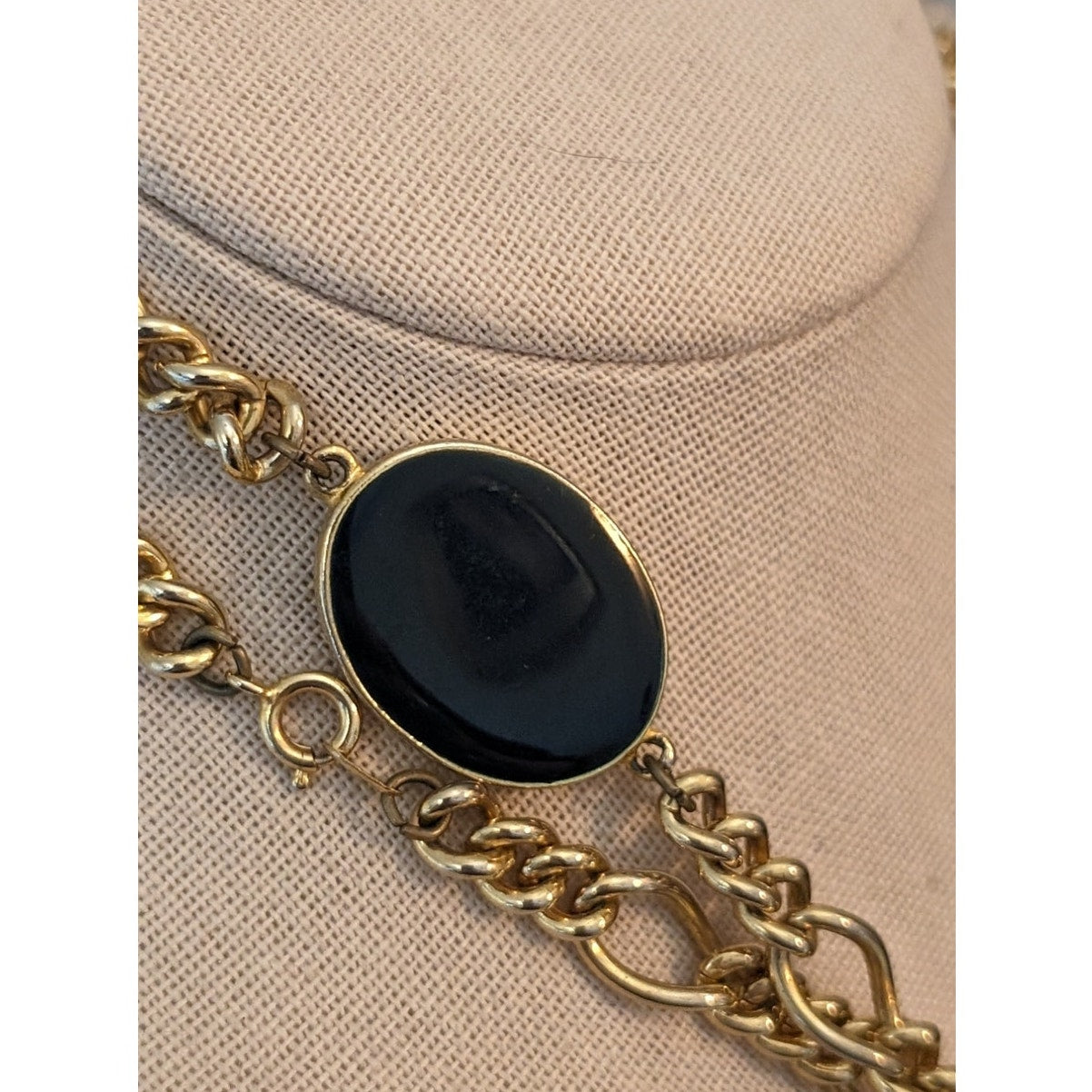 Vintage Gold Tone Chain W/ Navy & Cream Enamel Disk Stations 46" Necklace