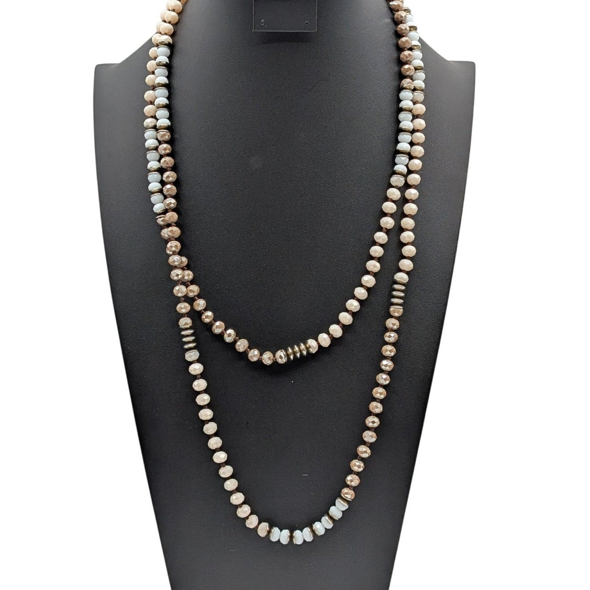 Long Strand Taupe Champagne Czech Milk Glass Silver Rondelle Bead Boho Necklace