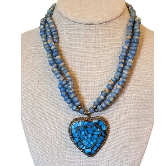1 to 3 Strands Blue Bead Stone Inlay Copper Heart Vintage Necklace w/ Hook Clasp