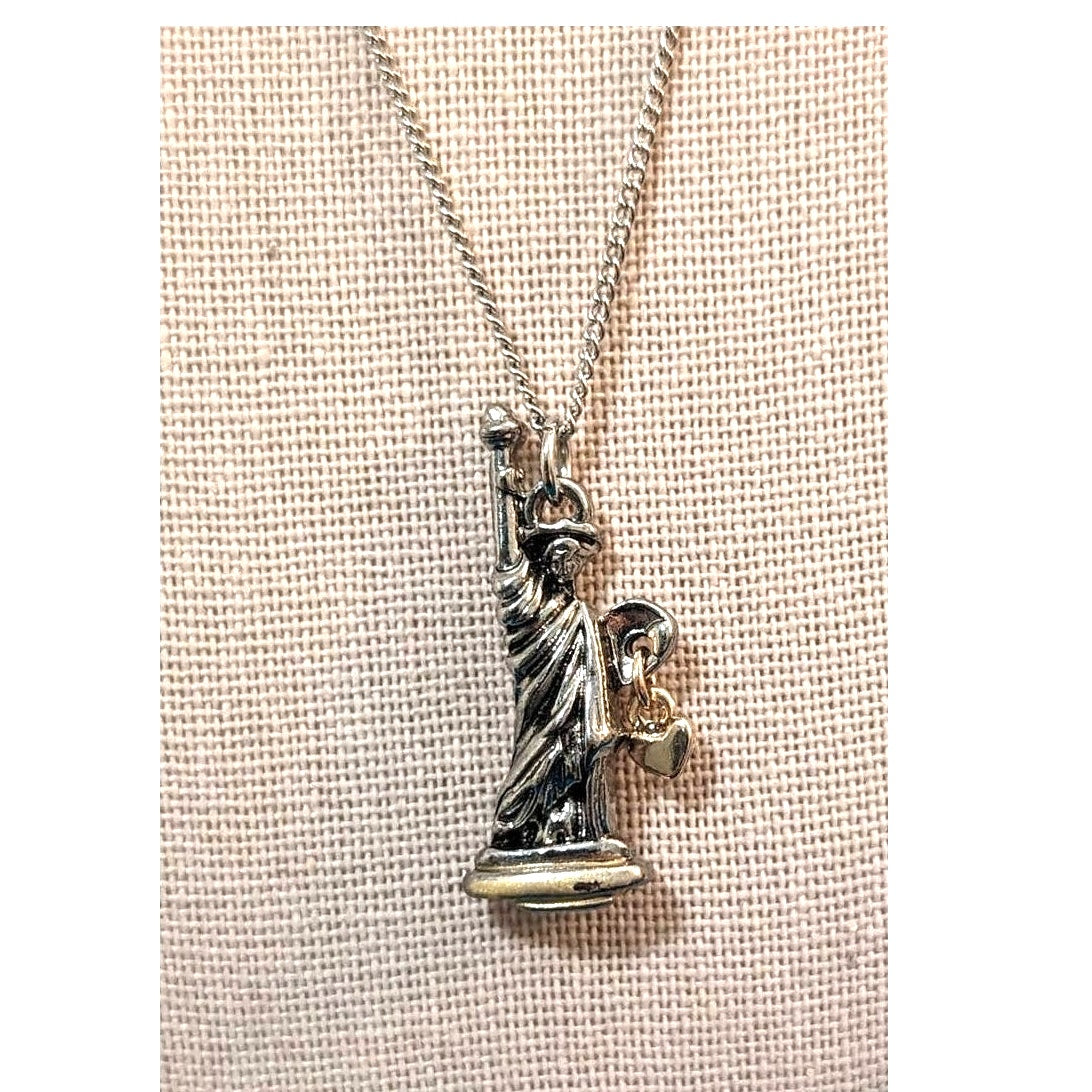 Statute of Liberty Heart Charm Two Tone Metal Pendant 21" Necklace
