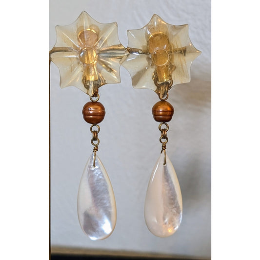 Signed Stephen Dweck Sterling Flower Bronze Pearl Mother of Pearl Earrings