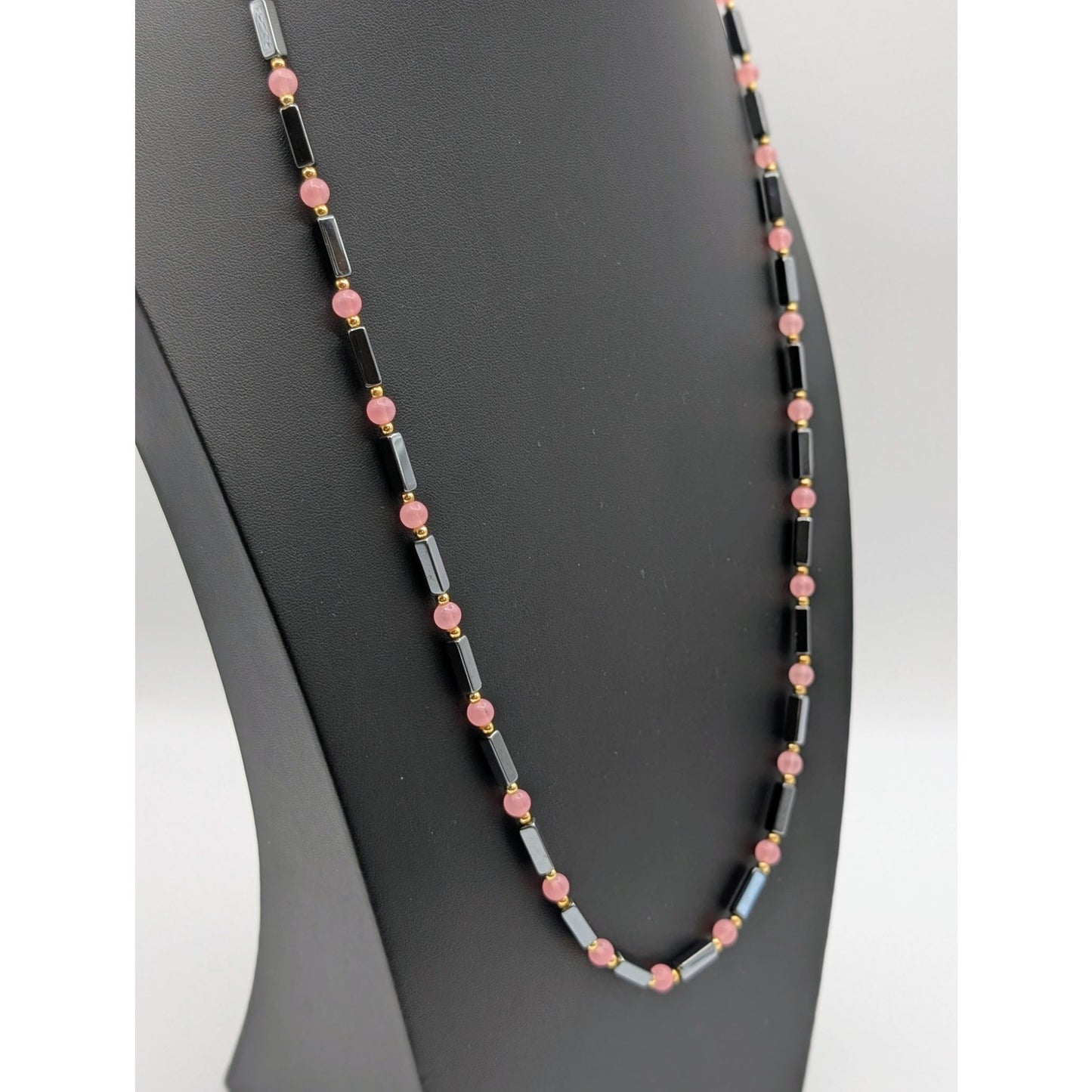Elongated Hematite Pink Quartz Gold Tone Bead Over the Head 32" Necklace