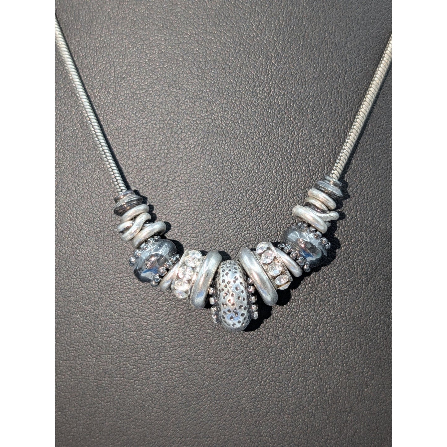 Chico's Silver Tone Pewter Look Multi-Rondelle Charm Beaded Snake Chain Necklace