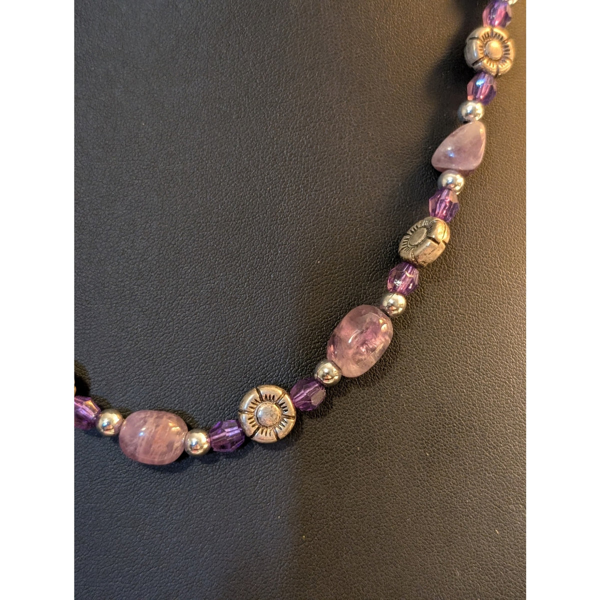 Amethyst Stone Purple Glass & Silver Tone Flower Bead 19.5"-22" Necklace