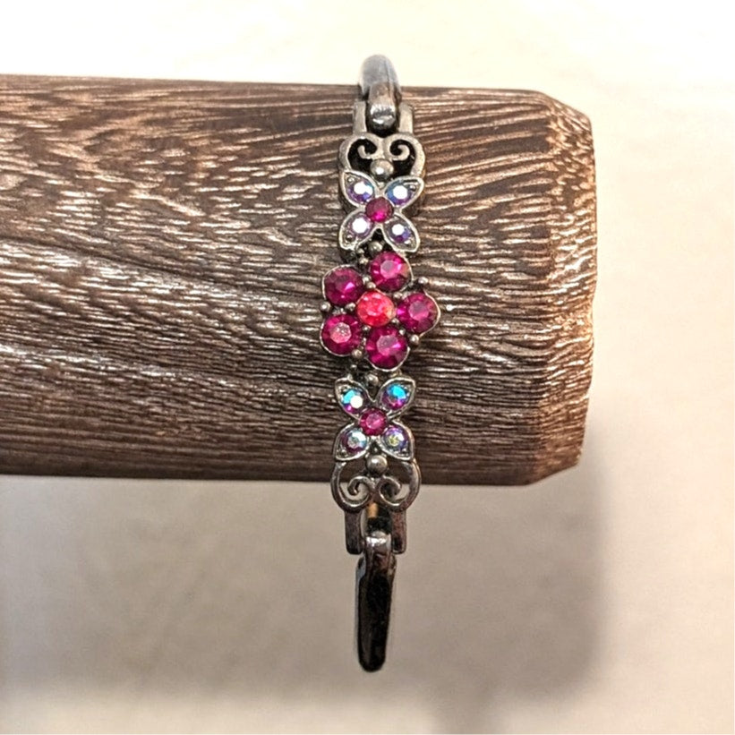 Vintage Floral Crystal Fold Over Clasp Three Piece Bangle Bracelet