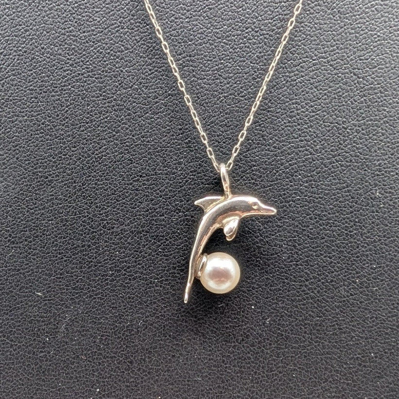 Vintage 925 Sterling Silver Dolphin Leaping Over Genuine Pearl Pendant Necklace