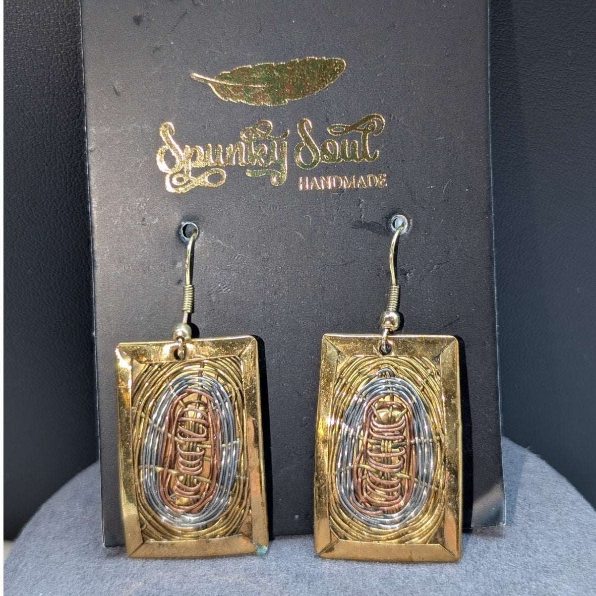 Spunky Soul Artisan Hand Made Three Tone Metal Dangle 1.75" Earrings NWT