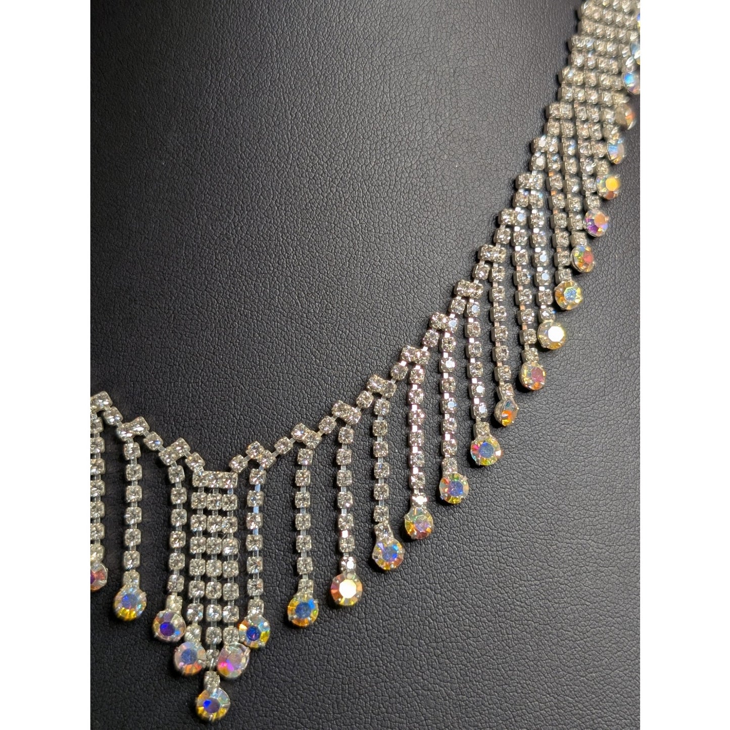 Rhinestone AB Crystal Fringe Dangle Silver Tone 17"-18" Necklace